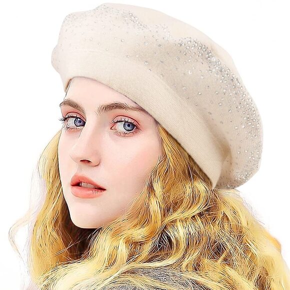 5436 Winter Warm Rhinestone Beret Off-white Hats For Women 2 Layers Wool main image 9